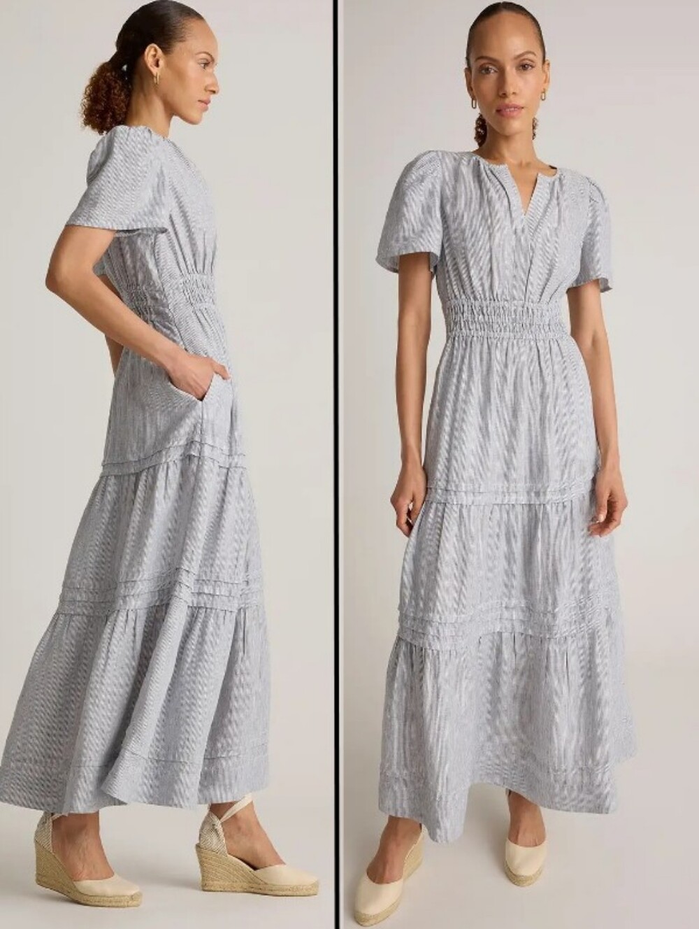 Quince 100% European Linen Flax Tiered Maxi Dress Blue Pinstripe Casual Size L